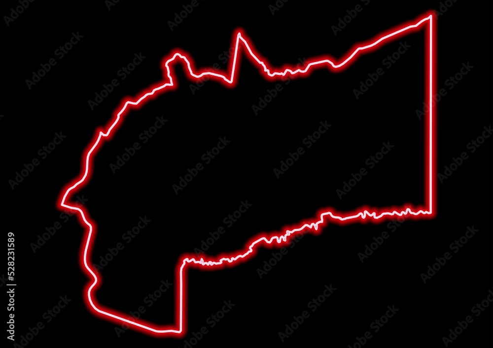 Red glowing neon map of Meta Colombia on black background. Red glowing neon map of Meta Colombia on black background.