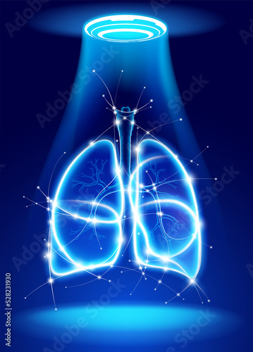 3D human lung illustration made up of glowing white curves on a blue background with glowing dots representing medical technology. Used in medical and commercial applications.