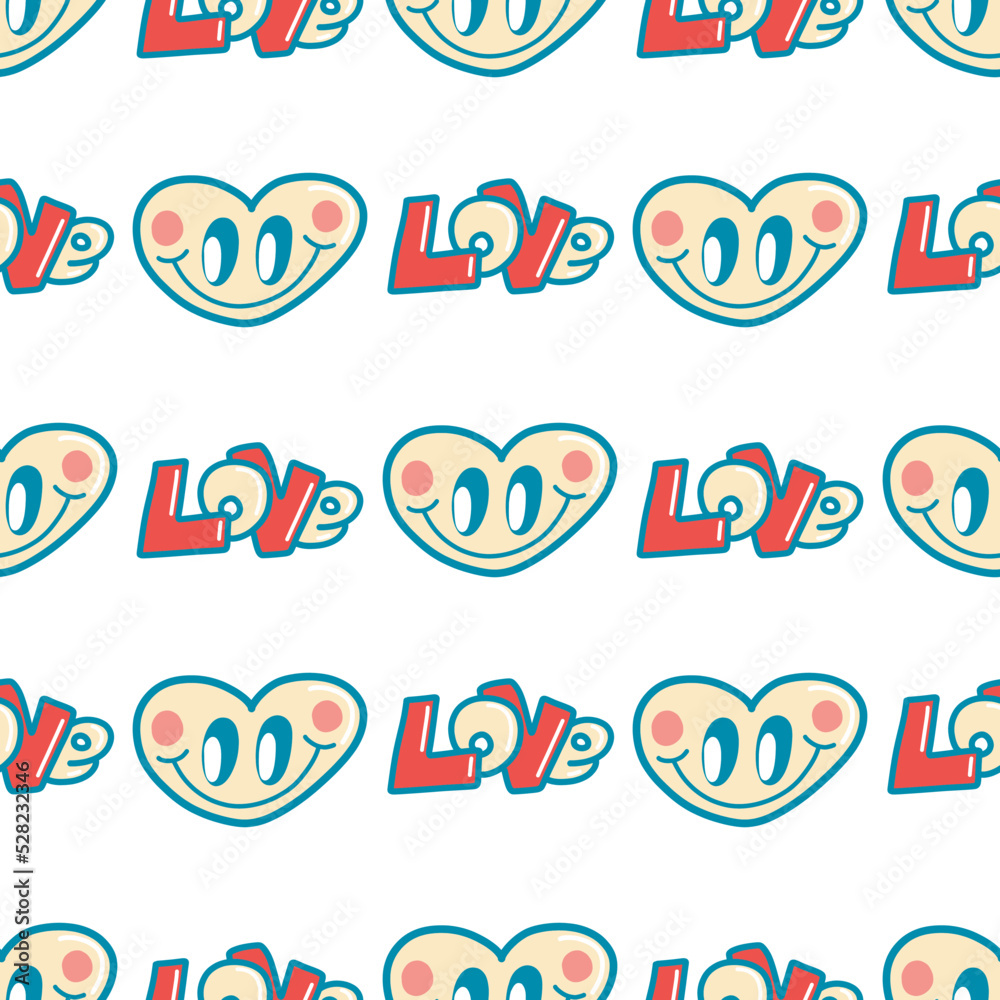 Vector pattern of love in the style of the 70s, groovy hearts, graffiti inscription Love