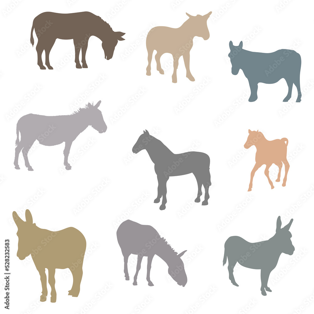 Colorful Donkey Domestic Animal Vector Icon Set. Donkeys Silhouette Icon Set