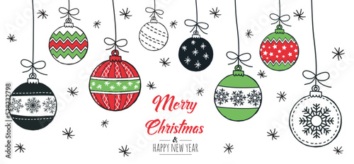 Merry Christmas greeting card red and green with modern baubles. Vector illustration.