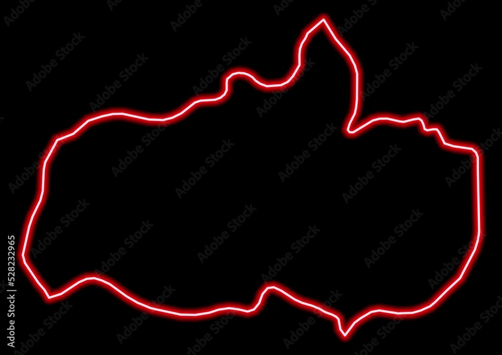 Red glowing neon map of Napo Ecuador on black background.