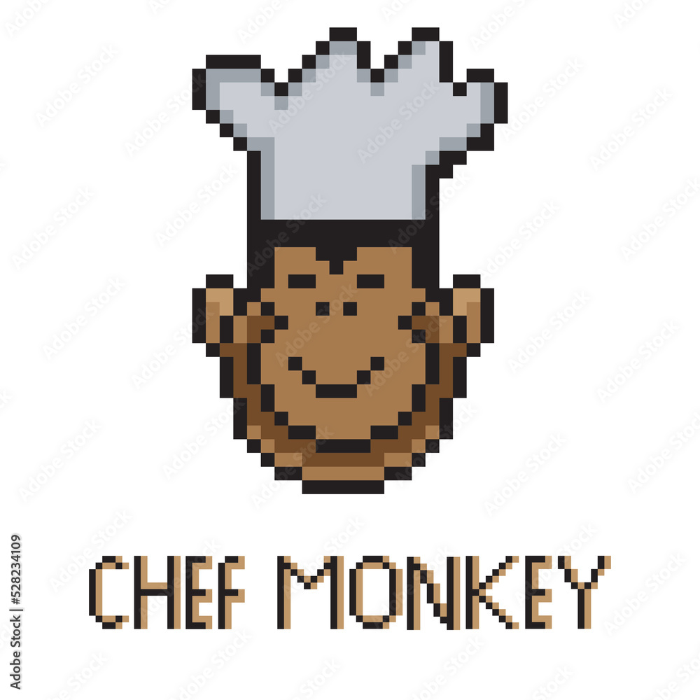 Monkey chef with pixel art on white background. 