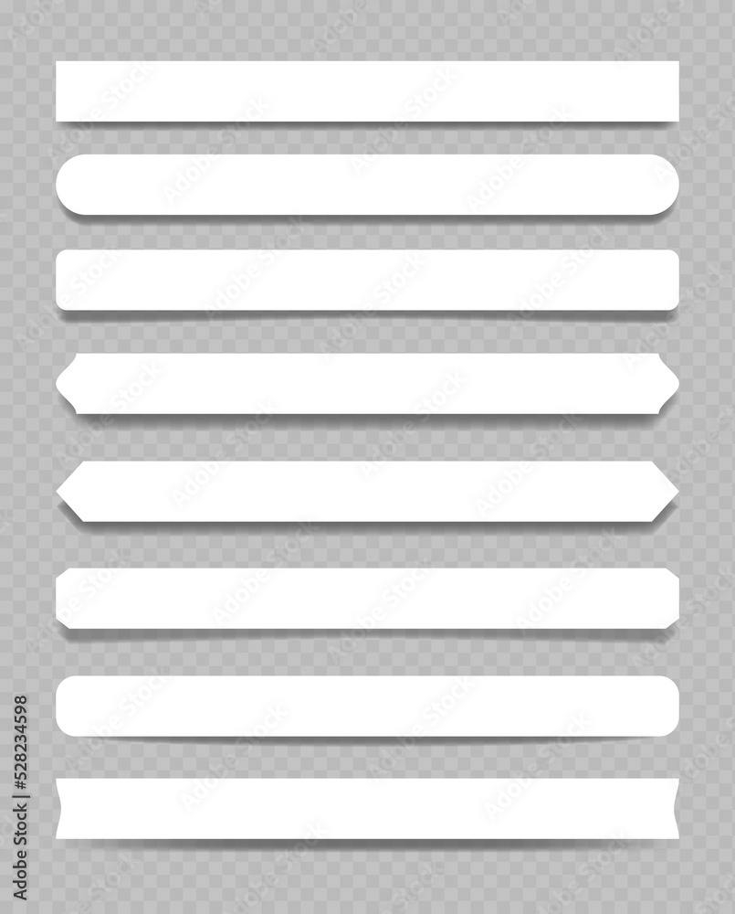 Paper dividers and shadows. Vector collection of white note paper template, tag, label with shadows. Page dividers with overlay effect. Realistic blank scraps on transparent background. Promo message