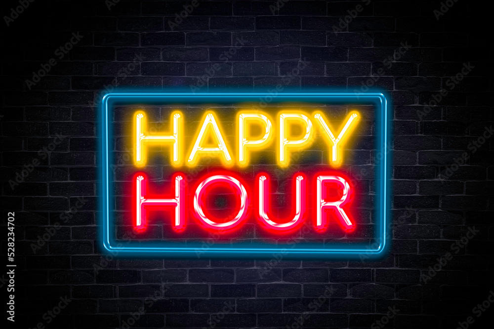 Happy hour neon banner on brick wall background. Happy hour neon banner on brick wall background.