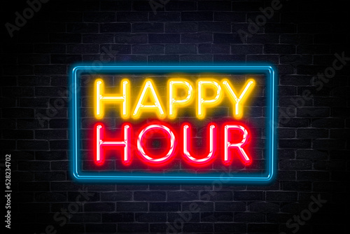 Wallpaper Mural Happy hour neon banner on brick wall background.