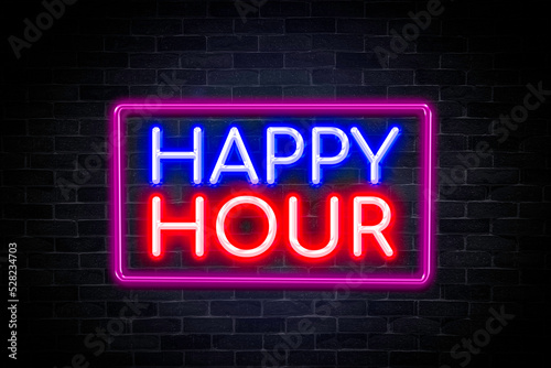 Happy hour neon banner on brick wall background.