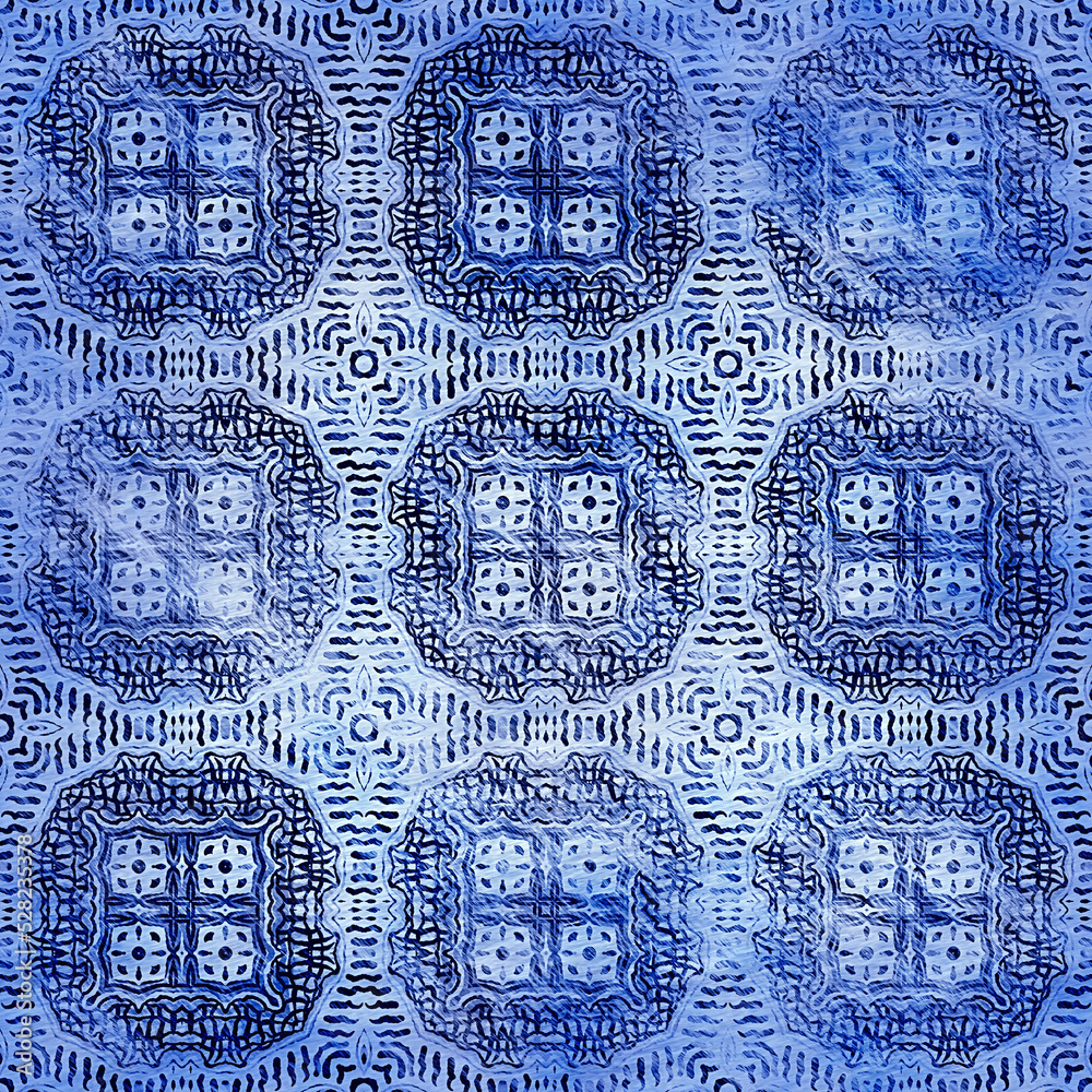 Obraz premium Indigo blue grunge wash linen print pattern. Modern rustic nantucket distressed fabric textile effect background in nautical maritime style. Masculine tie dye worn home deco fashion geometric design