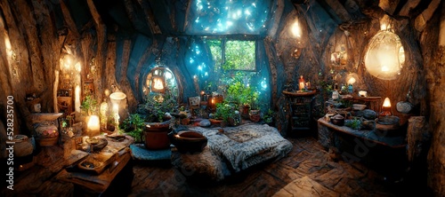 Fotografiet Spectacular picture of interior of a fantasy medieval cottage, full with plants furniture and enchanted light