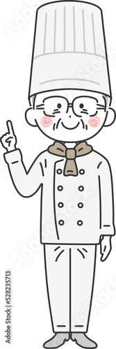 指を差す、年配の男性シェフのイラスト