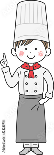 指を差す、エプロンをした、男性シェフのイラスト