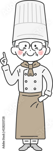 指を差す、エプロンをした、年配の男性シェフのイラスト