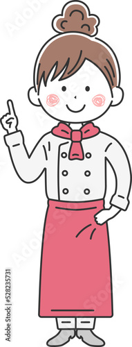 指を差す、エプロンをした、女性シェフのイラスト