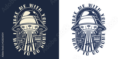 UFO abduction vintage sticker monochrome