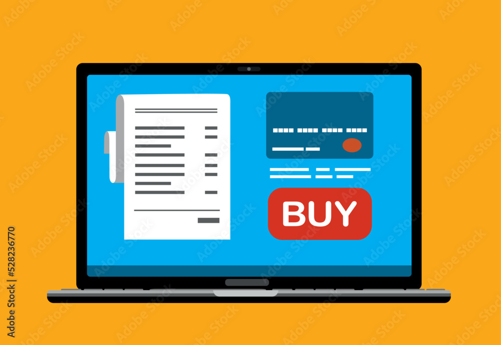 laptop computer with electronic receipt or financial transaction, online payment confirmation with credit card, flat vector illustration laptop computer with electronic receipt or financial transaction, online payment confirmation with credit card, flat vector illustration