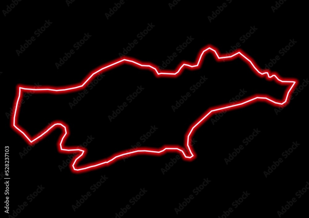 Red glowing neon map of Passoré Burkina Faso on black background.