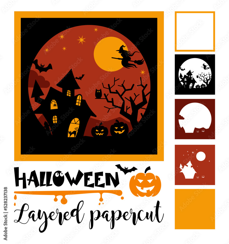 Halloween layered papercut card with a moon, haunted house, pumpkins and a flying witch