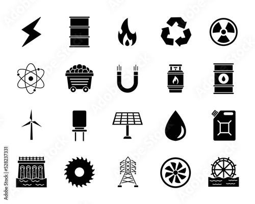 Energy black icon set. Solar panel, windmill, oil, gas, nuclear vector illustration photo
