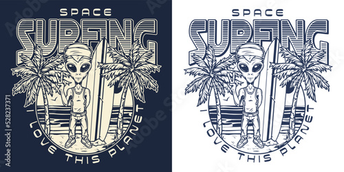 Space surfing vintage emblem monochrome