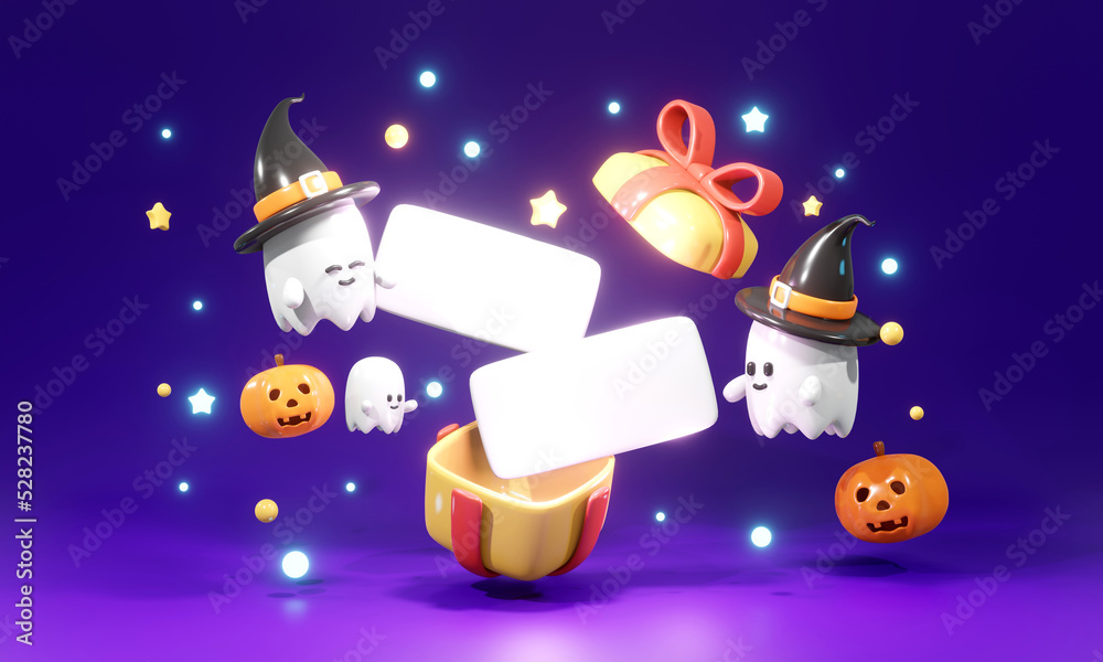 Naklejka premium 3D Rendering of gift box open with Blank paper card and ghost pumpkin concept of Halloween background for commercial advertising design. 3d render cartoon style.