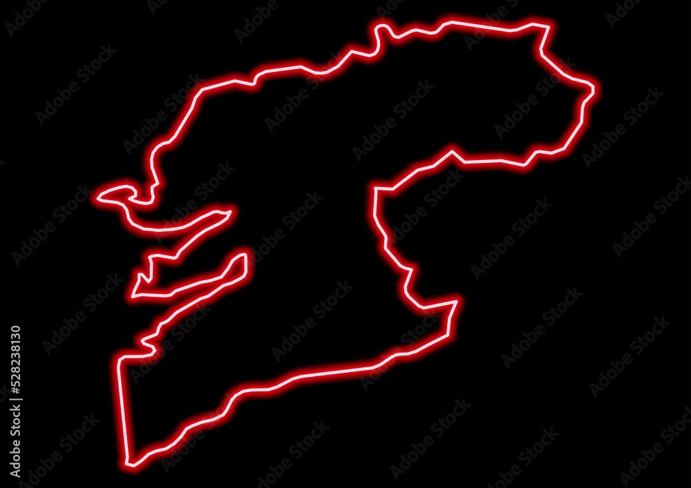 Red glowing neon map of Pontevedra Spain on black background.