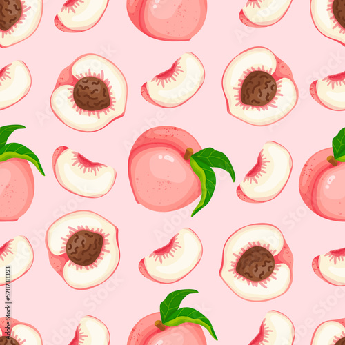 Seamless pattern with ripe peaches and halves, slices of juicy summer fruit.Vector background.