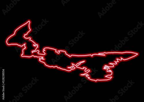 Red glowing neon map of Prince Edward Island Canada on black background. photo