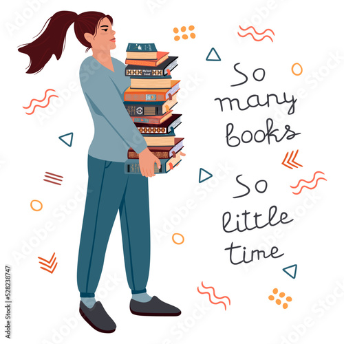 Young woman carrying many books stacked vertically.Banner on the theme of reading books, student leisure,education.White background with lettering and geometric shapes.Vector flat cartoon illustration