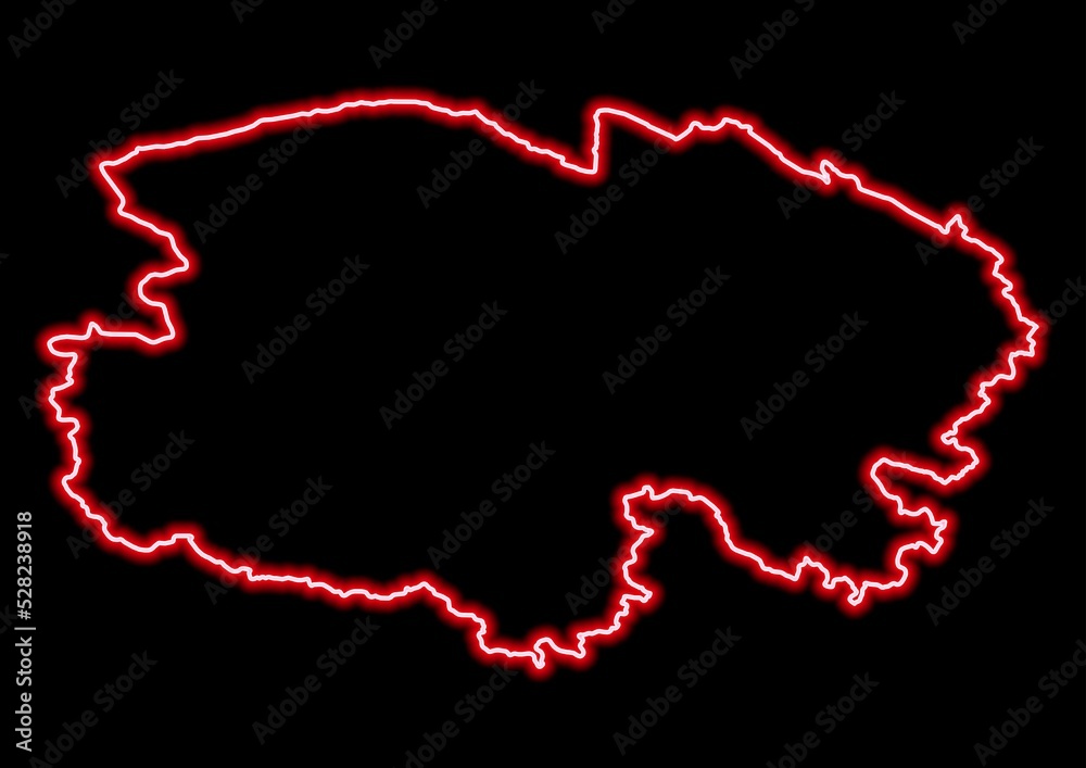 Red glowing neon map of Qinghai China on black background.