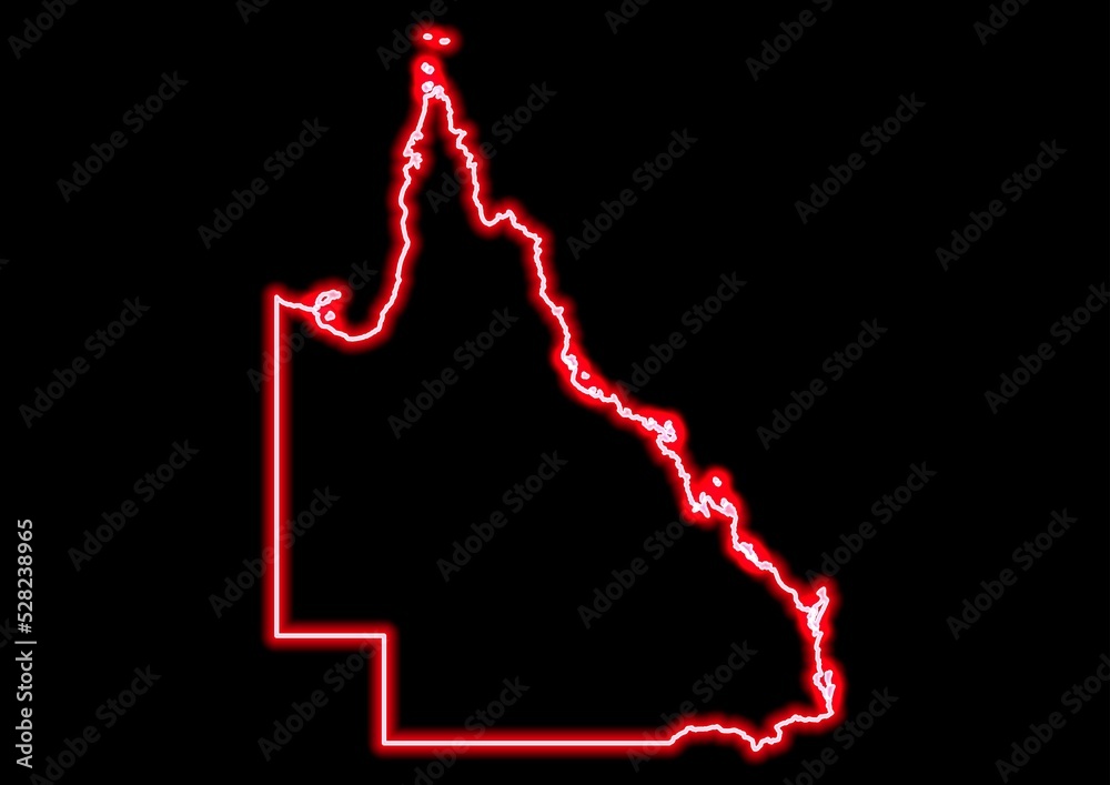 Red glowing neon map of Queensland Australia on black background. Red glowing neon map of Queensland Australia on black background.