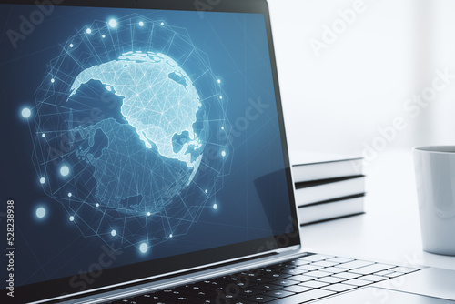Digital America map on modern laptop screen, international trading concept. 3D Rendering