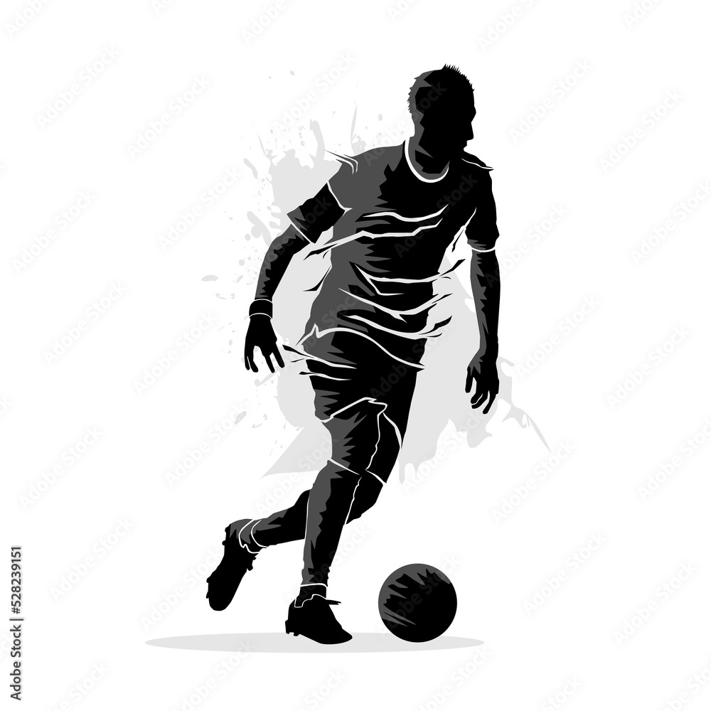 Abstract silhouette of soccer player dribbling the ball