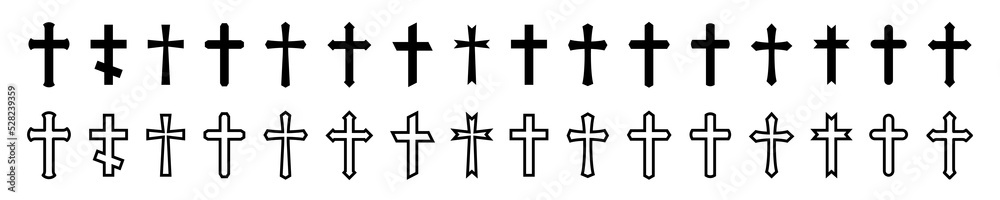 Christian cross icon collection. Christianity symbol set. Christian cross icons. Christian cross different shapes. Vector graphic
