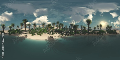 Tropical island with a palm tree at sunset. HDRI, environment map , Round panorama, spherical panorama, equidistant projection, panorama 360, seascape, 3d rendering. © ustas