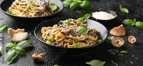 Porcini and woodland mushrooms pasta with pecorino cheese, basil in black bowl photo