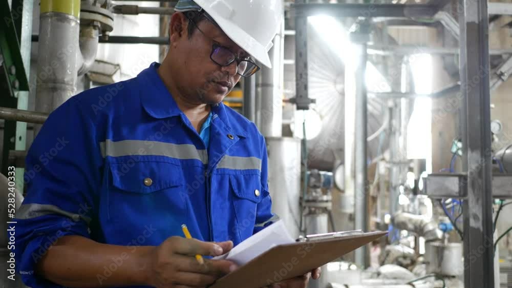 Industrial worker working in oil refinery plant, He dialy check equipment and record to Papaer sheet