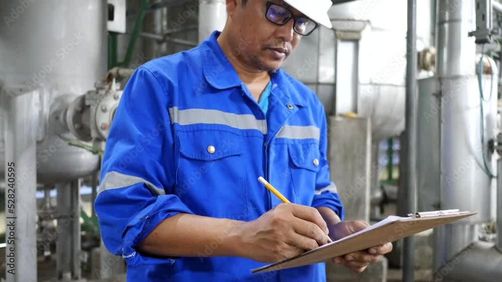 Industrial worker working in oil refinery plant, He dialy check equipment and record to Papaer sheet Industrial worker working in oil refinery plant, He dialy check equipment and record to Papaer sheet