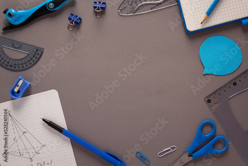 Student learn workplace and school supplies on table background. Study concept idea
