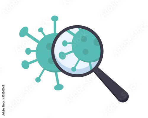 Coronavirus and magnifying glass. Microbiology concept.