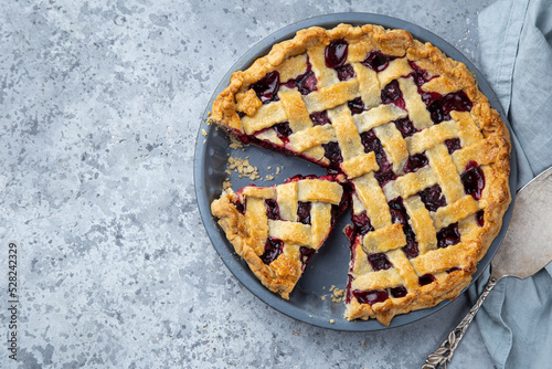 sour cherry pie in baking dish