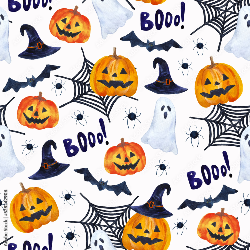 Watercolor halloween seamless pattern hand drawn autumn party background