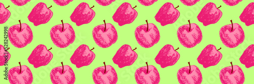 Red apple background. Vector apples seamless pattern with fruit hand drawn pencil illustration for vegan banner, juice, baby food packaging, jam label design. Color fruits backdrop. Cider badge.