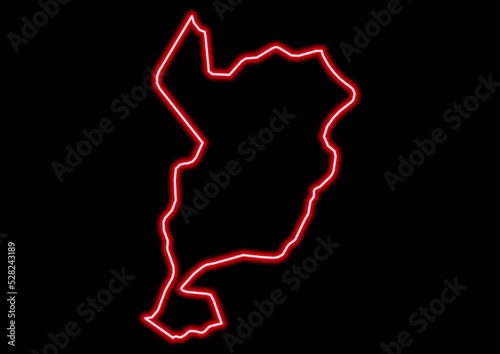 Red glowing neon map of San Marcos Guatemala on black background.