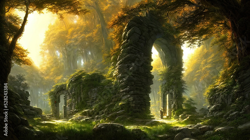 Fantasy forest landscape with stone ruins and bizarre vegetation at a beautiful sunset. Ancient stone fantasy magic portal, passage to the unreal world. Green dense forest with sun rays. 
