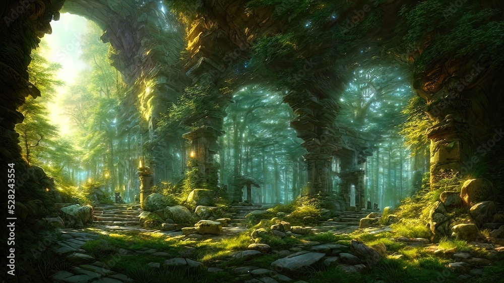 Naklejka premium Fantasy forest landscape with stone ruins and bizarre vegetation at a beautiful sunset. Ancient stone fantasy magic portal, passage to the unreal world. Green dense forest with sun rays. 