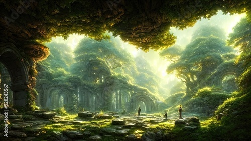 Fantasy forest landscape with stone ruins and bizarre vegetation at a beautiful sunset. Ancient stone fantasy magic portal, passage to the unreal world. Green dense forest with sun rays.  © Terablete