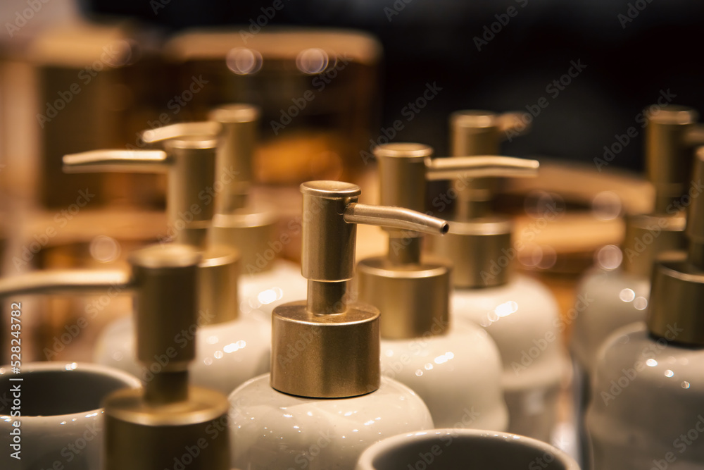 Close-up, bottles with dispensers for liquid soap. Close-up, bottles with dispensers for liquid soap.