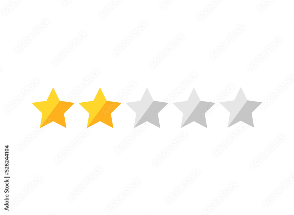 Two golden stars with three not active. Rating button. Customer product rating review icon. Vector illustration. Assessment for web sites and apps. Two golden stars with three not active. Rating button. Customer product rating review icon. Vector illustration. Assessment for web sites and apps.