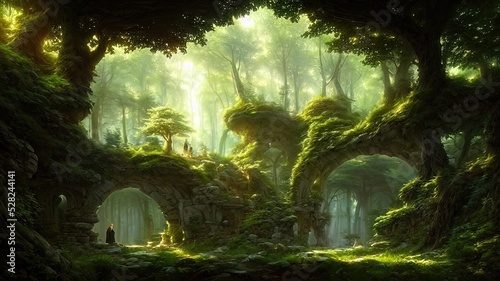Fantasy forest landscape with stone ruins and bizarre vegetation at a beautiful sunset. Ancient stone fantasy magic portal, passage to the unreal world. Green dense forest with sun rays. 3D © Terablete
