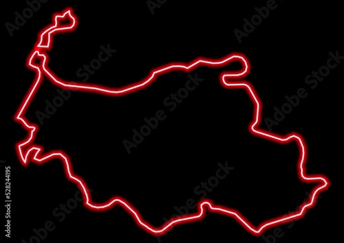 Red glowing neon map of Sassari Italy on black background.